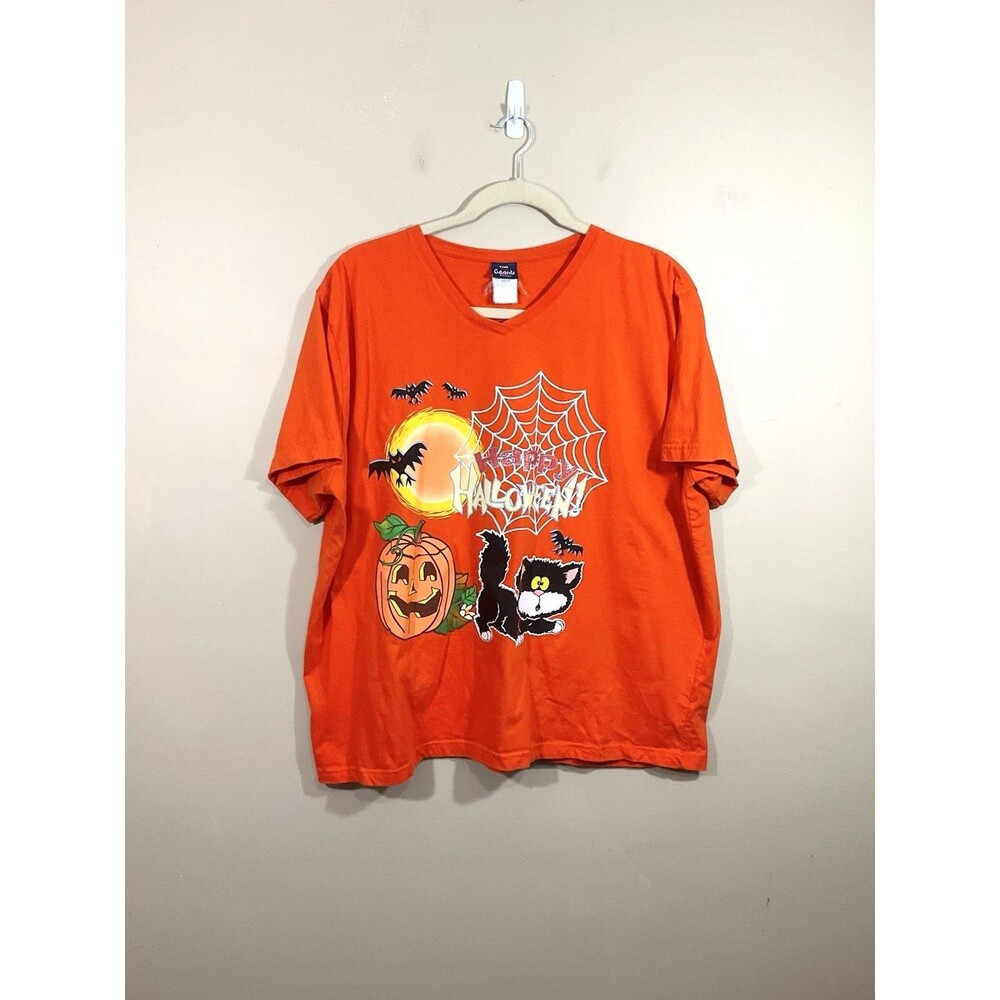 Vintage Womens Happy Halloween Graphic T-Shirt 26/28 Orange 90s Pumpkin Cat Bats
